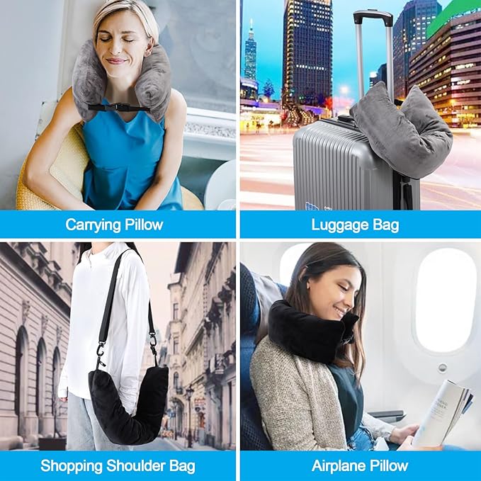 2pcs Stuffable Travel Pillow, Black Gray Neck Pillow with Adjustable Straps, Storage Bag Fits 3 Days Travel Essentials, Large Capacity Neck Pillow for Airplanes Traveling
