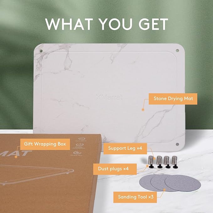 Stone Drying Mat for Kitchen Counter 15.7"x11.8" Marble White, Quick Dry Stone Dish Drying Mat with Legs, Drying Stone for Kitchen Counter Fits Various Dish Racks, Zero Rust Dish Drying Stone