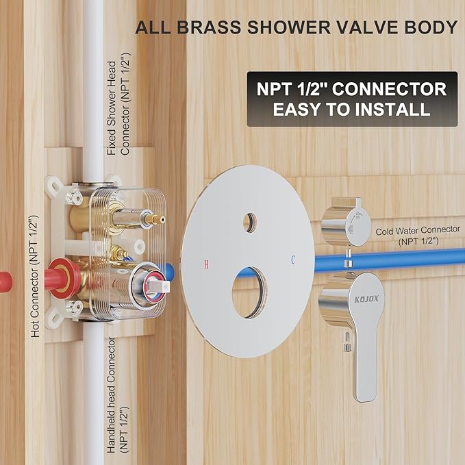 KOJOX Shower Set - Polished Chrome High Pressure Shower Head System- 3 Setting Headheld Shower Head Fixtures- Valve Included