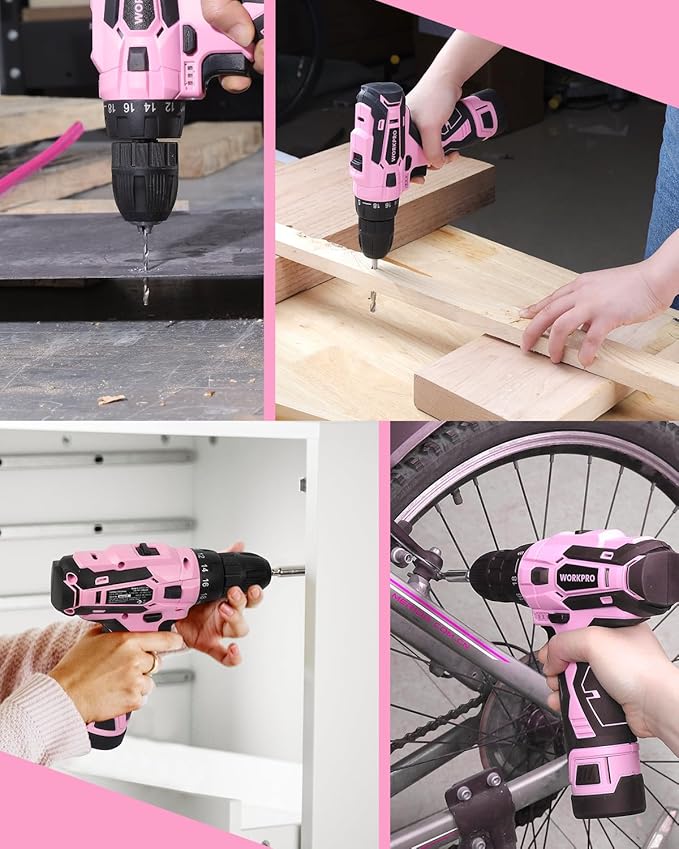 WORKPRO Pink Cordless Drill Driver Set, 12V Electric Screwdriver Driver Tool Kit, 3/8" Keyless Chuck, Charger and Storage Bag Included - Pink Ribbon
