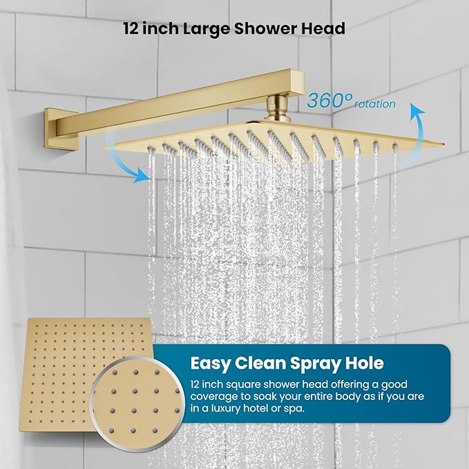 gotonovo Rain Shower Faucet System Set Rainfall Shower Head with Handheld Sprayer Waterfall Tub Spout Wall Mounted Mixer Combo Rough-in Valve and Trim Included 12 Inch Showerhead Brushed Gold