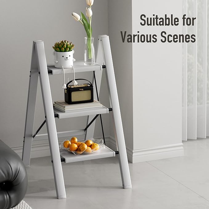 3 Step Ladder,Aluminum Folding Step Stool for Adults,Step Ladder with Wide Anti-Slip Pedal,330 lbs Capacity for Home,Office,Kitchen,Library(Grey)