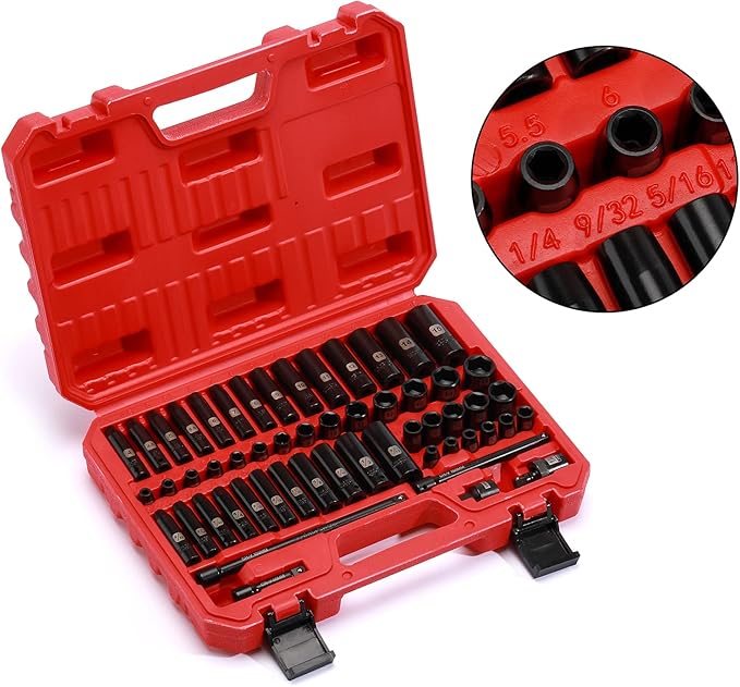 Mayouko 55PCS 1/4 Inch Drive Master Impact Socket Set, Metric/SAE, Deep/Shallow, 6 Point, CR-V, 5/32 Inch - 9/16 Inch, 4mm - 15mm, With Extensions,Adapters,Universal Joint