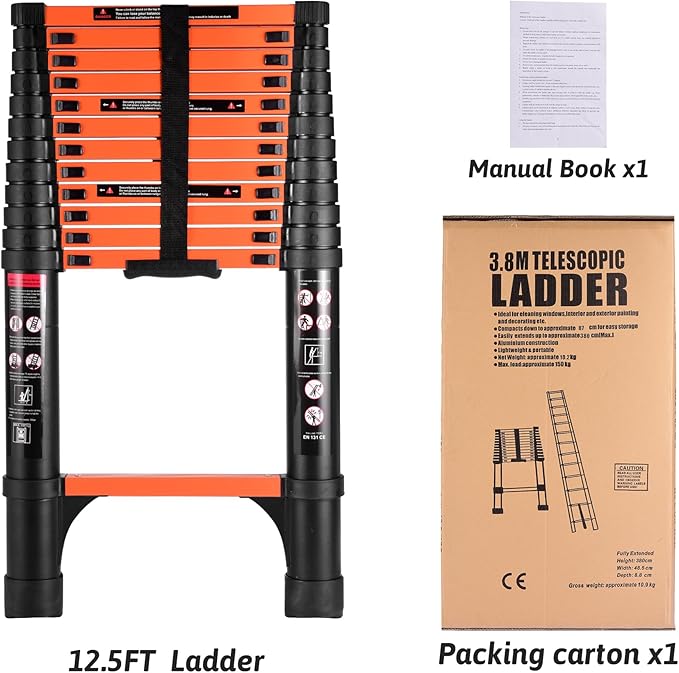 16.5 FT Telescoping Ladder, Aluminum Extension Ladder, 330 lbs Load Capacity, Multi-Purpose Collapsible Ladder for Home and Work; Orange