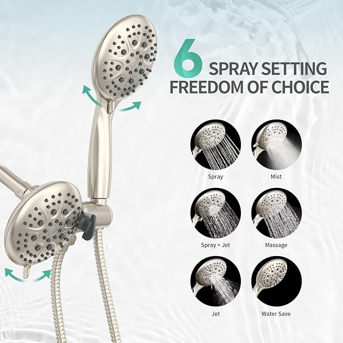 SR SUN RISE Shower System with Handheld Shower and Rain Shower Combo Set High Pressure 5-spray Dual 2 in 1 Shower Faucet Patented 3-way Diverter Brushed Nickel (Valve Include)