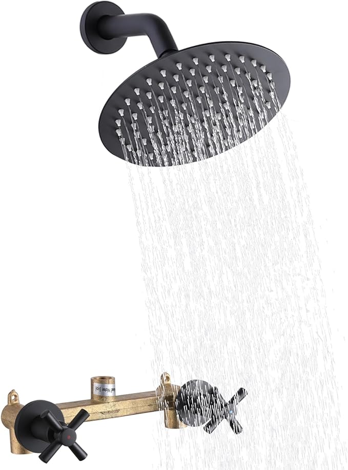 2 Handles Shower Faucet Set,Two Handle Shower with 8'' Rainfall Shower Head Combo Set,Single Function Shower Trim Kit with Rough-in Valve,Wall Mount,Matte Black