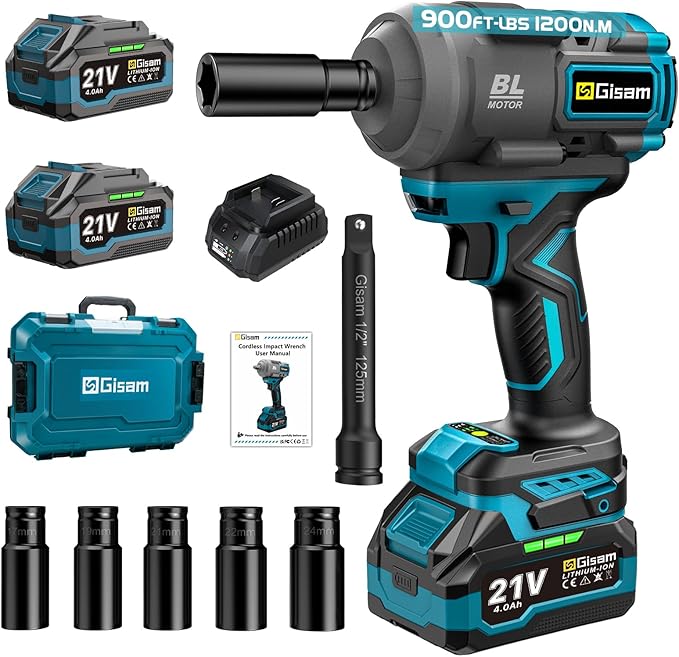 Cordless Impact Wrench, 900FT-LB (1200N.m) Max Torque Brushless Electric Impact Gun, 3-Speed Auto-Off Reverse, LED Work Light - 1/2" Drive for Mechanics, Car Owners & Heavy-Duty DIY
