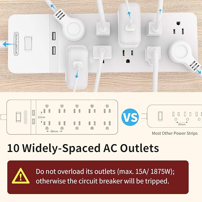 NTONPOWER 25 Ft Extension Cord, 2100J Surge Protector Power Strip with 10 Widely Spaced Outlets 2 USB Ports, Overload Protection, Wall Mountable for Indoor, Home, Office or Garage,White