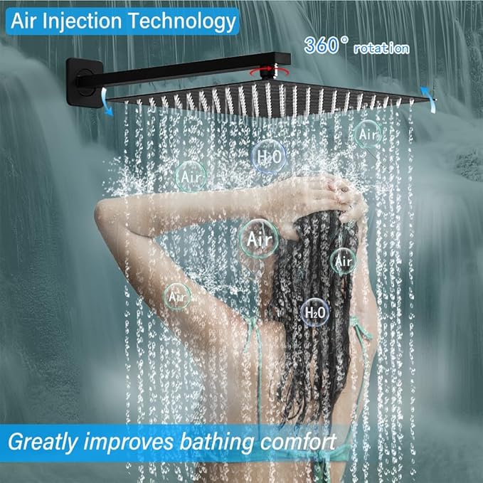 Shower Faucet Set Complete, Wall Mount Shower System for Bathroom 12 Inch High-Pressure Rainfall Shower with Handheld, Rough-in Valve Body and Trim Kit, Matte Black