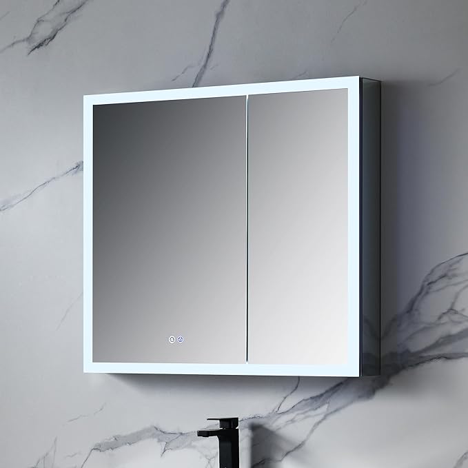 Blossom LED Mirror Medicine Cabinet with Lights, 36x32 Inch | Wall Mounted LED Lighted Bathroom Medicine Cabinet | Recessed or Surface with Defogger, 3 Color Dimmer | Makeup Mirror with Lights