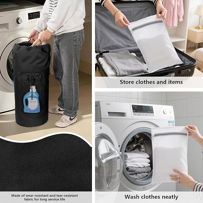 Laundry Bag Backpack with 3 Sizes Mesh Wash Bags and Shoulder Straps Foldable Laundry Hamper for College, Apartment, Laundromat (Black)