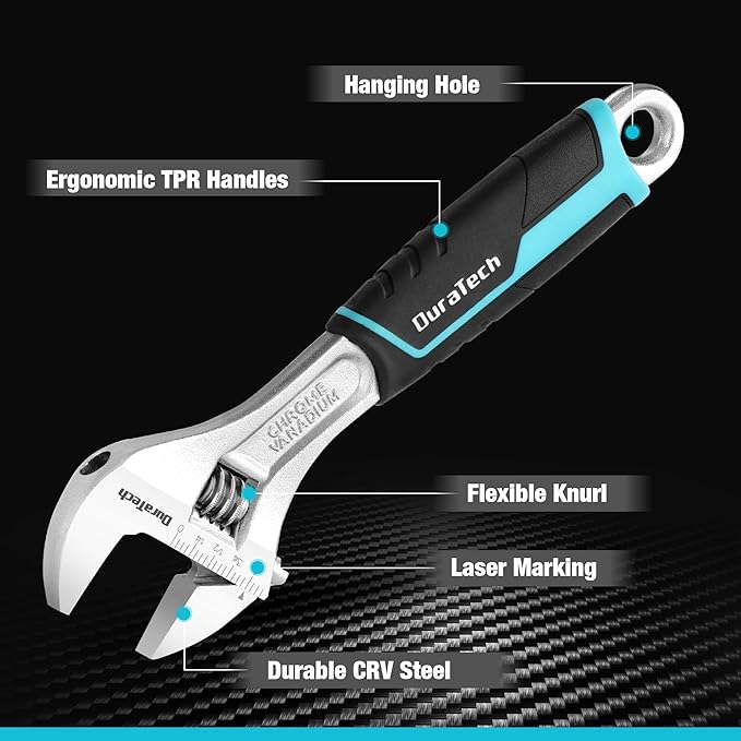 DURATECH 8-Inch Adjustable Wrench, Cr-V Steel Wrench, Wide Jaw Wrench, Metric & SAE Scales, for Home, Garage, Workshop and DIY