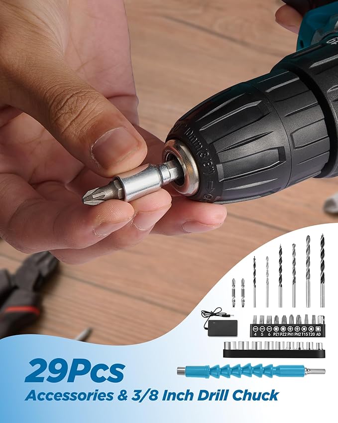 Cordless Drill Set, KELNOW 21V PowerDrill with Power Pack and Charger, 3/8-Inch Keyless Chuck ElectricDrill, 25+1 Position, 2 Speed, 27pcs Drilldriver Bits Tool Drills for DIY Projects