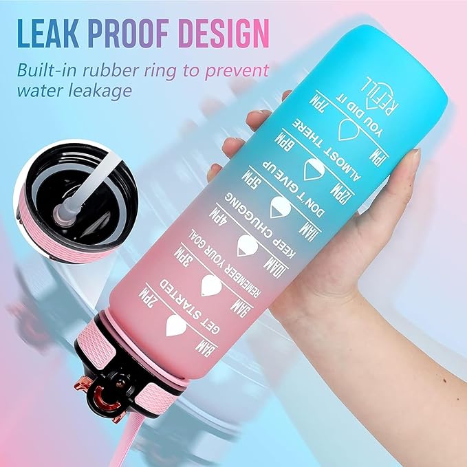 Gigi 32 oz Water Bottle with Times Marker to Drink and Straw, Carrying Strap, Leakproof Tritan BPA-Free, Ensure You Drink Enough Water for Fitness, Gym, Camping, Outdoor Sports