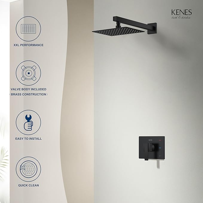 KENES Matte Black Shower Faucet with Square Shower Trim Kit & Single-Spray Head, Wall Mount, KE-6024B-2 (Includes Shower Valve)