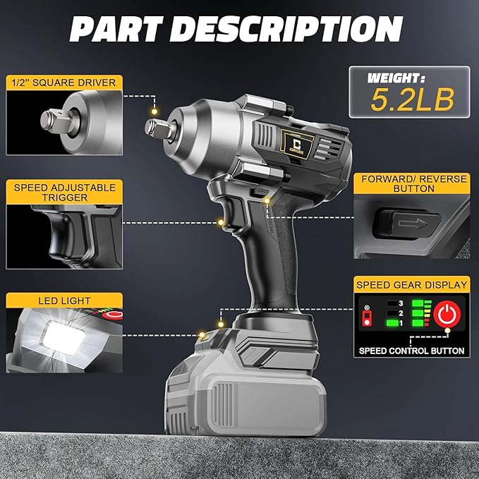 Cordless impact Wrench 1/2 inch for Dewalt Battery, 750FT-LBS (1000N.m) Brushless Electric Impact Gun Includes LED Work Light with 6 Sockets, High Torque Impact Driver, Bare Tool Only