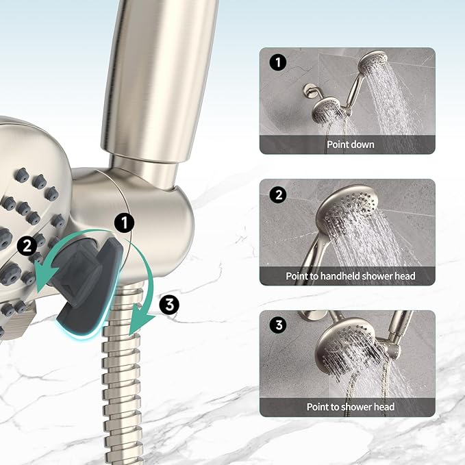 SR SUN RISE Shower System with Handheld Shower and Rain Shower Combo Set High Pressure 5-spray Dual 2 in 1 Shower Faucet Patented 3-way Diverter Brushed Nickel (Valve Include)