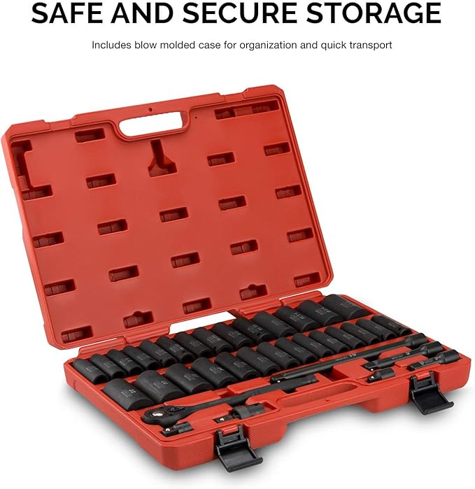 NEIKO 02446A 1/2" Impact Socket Set, 35 Piece, Deep Socket Kit Assortment, Standard SAE (3/8”-1-1/4”) and Metric MM (10-32mm) Sizes, Includes Ratchet Handle and Impact Extension Bars