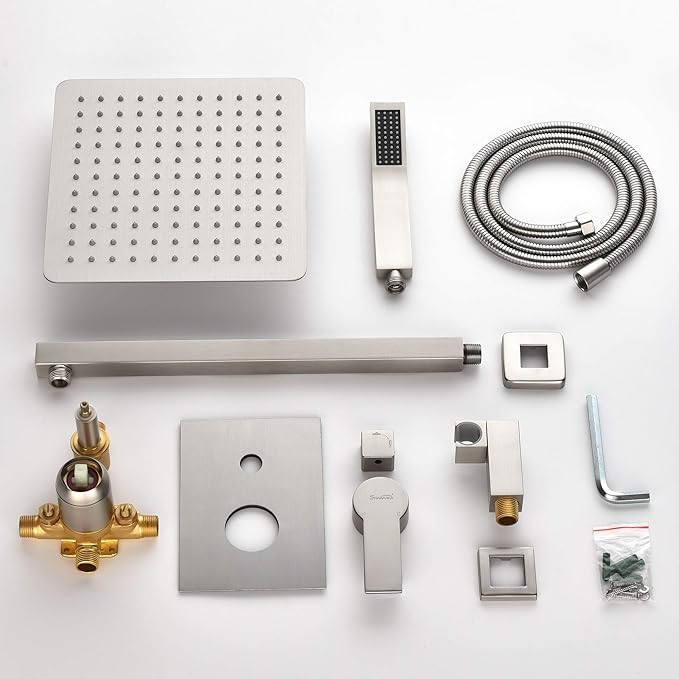 SHAMANDA Rainfall Shower System, Bathroom Luxury 10-Inch Rain Shower Head and Handheld Shower Faucet Combo Set Brushed Nickel(Including Rough-In Valve Body and Trim), Wall Mount, L701-2