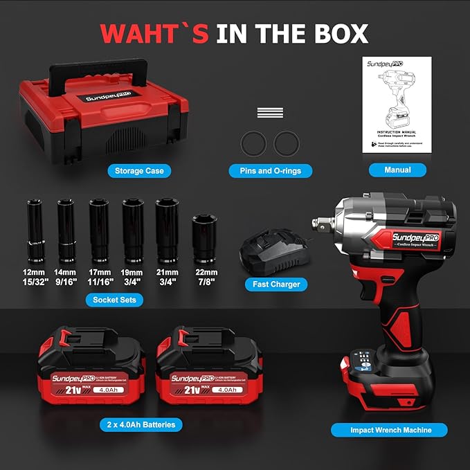 Cordless Impact Wrench 750Ft-lbs - 1000N·m Power Impact Gun 1/2 Inch - 21V 2600RPM Brushless Electric Impact Wrench with 4.0Ah Battery & Socket & Fast Charger & Sturdy Case for Car Home DIY