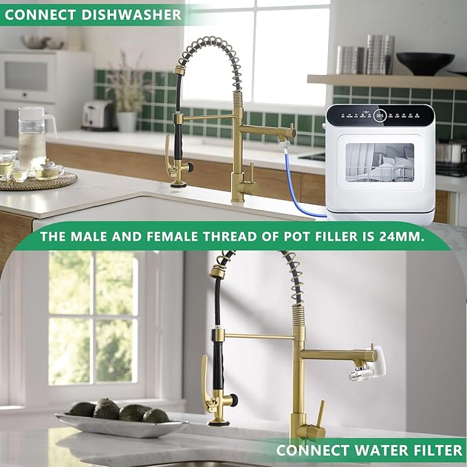 Brushed Gold Kitchen Faucet with Pull Down Sprayer, Commercial Brass Kitchen Faucet Single Handle Spring Faucets for Kitchen Sink Fapully