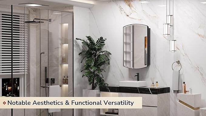 Keonjinn Black Medicine Cabinet 16 x 26 Inch, Surface Mount or Recessed Bathroom Cabinets with Mirrors, Metal Framed Wall Mirror with Storage, 2 Adjustable Shelves, Beveled Edge Mirror