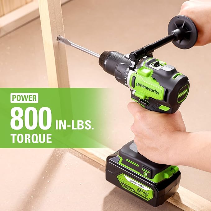 Greenworks 24V Cordless Brushless 1/2" Drill Driver (Metal Chuck /800 in.-lbs. /21 Clutch Position/LED Light), 4Ah USB (Power Bank) Battery and Fast Charger Included