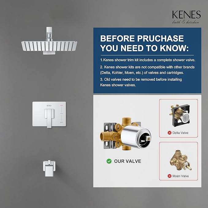 KENES Polished Chrome Tub and Shower Trim Kit, Shower Faucet with 8-Inch Rain Shower Head, Modern Single-Spray Shower Faucet Set, KE-6024A-5 (Shower Valve Included)