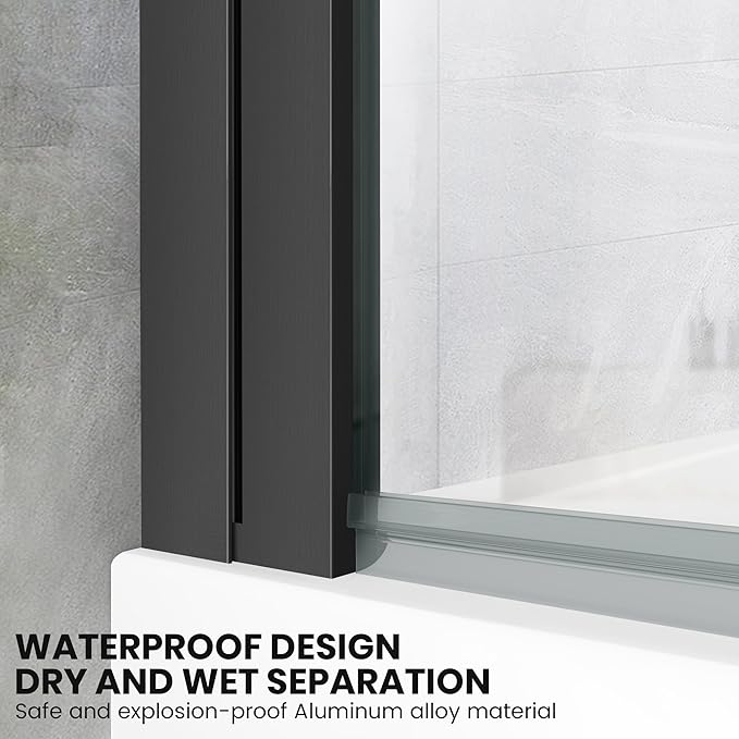 Frameless Hinged Bathtub Shower Door - 34"x58", Clear Tempered Glass 8mm Thick, Matte Black with Stainless Steel