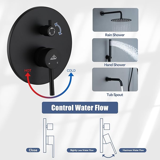 CASAINC Shower Faucets Sets Complete, 10" Round 3 Functions Rain Shower Head with Handheld Spray and Bathtub Spout Wall Mounted Shower System (Matte Black)