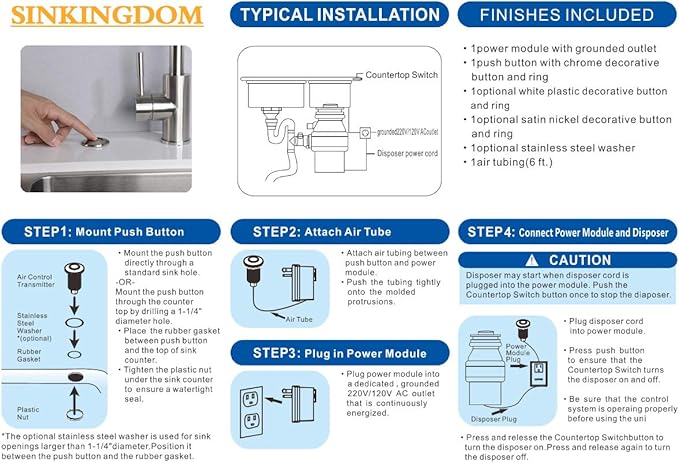 SinkTop Air Switch Kit (Long Full Brass Button) for Garbage Disposal, Cordless Matte Black