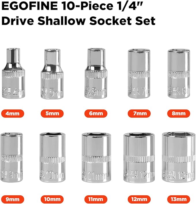 Egofine 10PCS 1/4” Drive Standard Socket Set,Shallow Socket Set,Metric(4-13mm,6 Point Socket With Hanging Bracket,Cr-V Steel