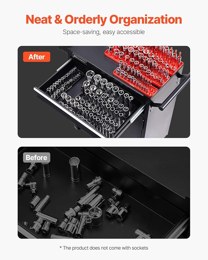 VEVOR Socket Organizer Set, 8PCS High-Rod Socket Holder, 1/4'', 3/8'' & 1/2'' Metric SAE Socket Trays with Clear Labels, Hold up to 176PCS Standard & Deep Sockets, Black & Red (Socket Not Included)