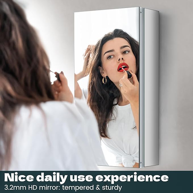 Medicine Cabinet with Mirror Door&Adjustable Shelves, Wall-Mounted Rectangular Medicine Cabinet Beveled Edge Frame, 15" x 26"x 5.3"