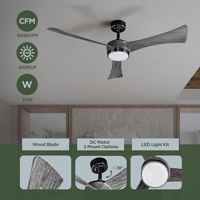 Ceiling Fan 52'' With Light: Modern Remote Control Fans with Water Transfer Printing 3 Blades - Quiet Reversible DC Motor - Outdoor Indoor