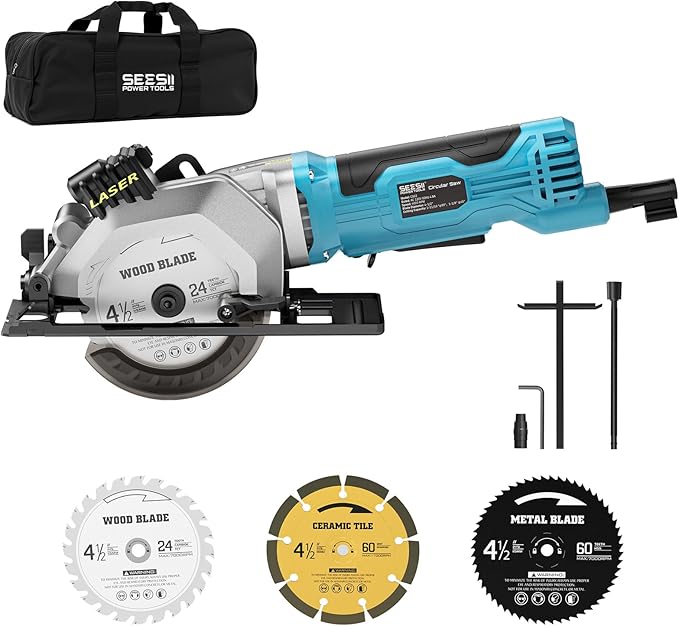 Seesii Mini Circular Saw with Laser Guide,4.8A 4000 RPM Compact Corded Circular Saw with Rip Guide,3 Blades (4-1/2") for Wood,Soft Metal,Tile,Plastic Cutting,Max Cut Depth 1-11/16"(90°),1-1/8" (45°)
