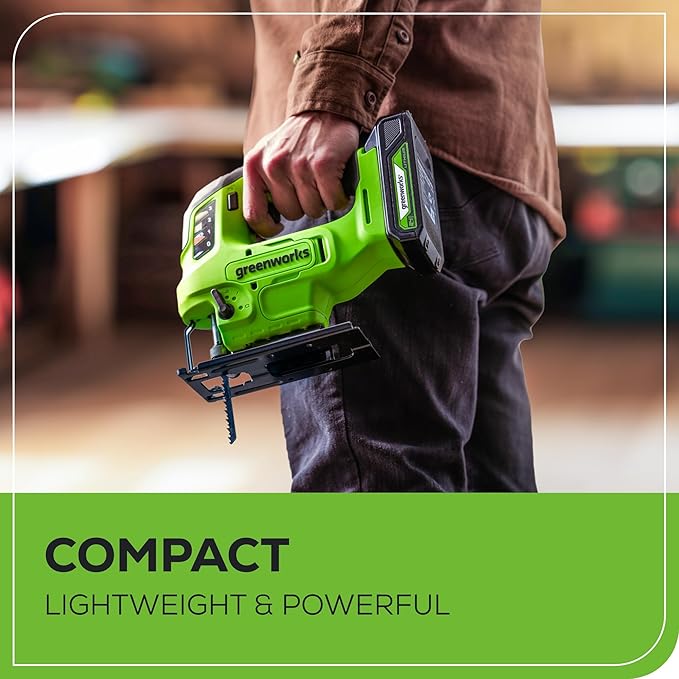 Greenworks 24V Brushless Cordless 1" Jig Saw (3,000 SPM / 4 Settings/Bevel 0°-45°/ LED Light), 1.5Ah Battery and Fast Charger Included
