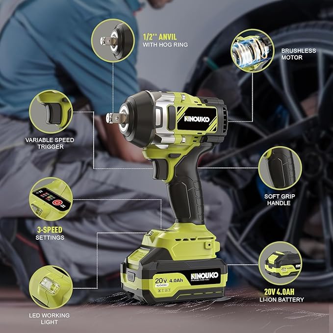 1/2 inch Impact Wrench 1000N.m (740 ft-lbs) with 2 x 4.0Ah Battery and Charger, Brushless Electirc Impact Driver Bsttery Powered High Torque Impact Gun for Home, Car, and Truck Use