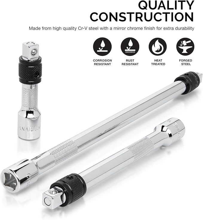 NEIKO 00295A 3/8" Drive Locking Extension Bar Set, 3 Piece, 3", 6", 10", Remove Sockets and Sparkplugs, Cr-V , Silver