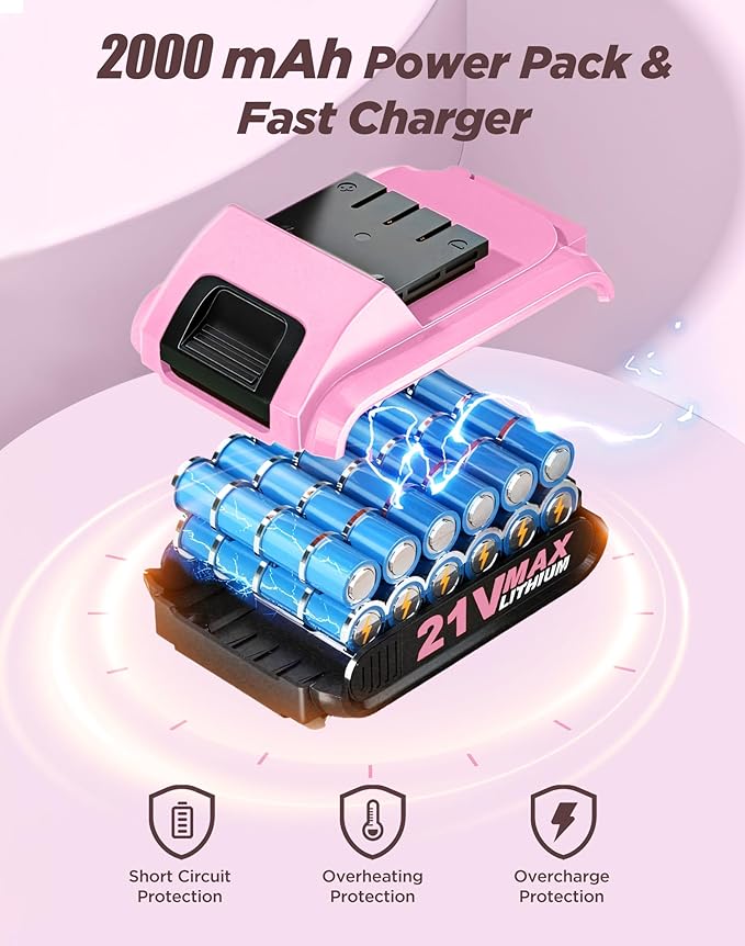 Pink Cordless Drill Set, 21V Electric Power Drill for Women, Lightweight Electric Screwdriver Driver with Power Pack & Charger, 2 Speed, 3/8" Keyless Chuck, 27 Pcs Womens Tool Kit for Home DIY & House
