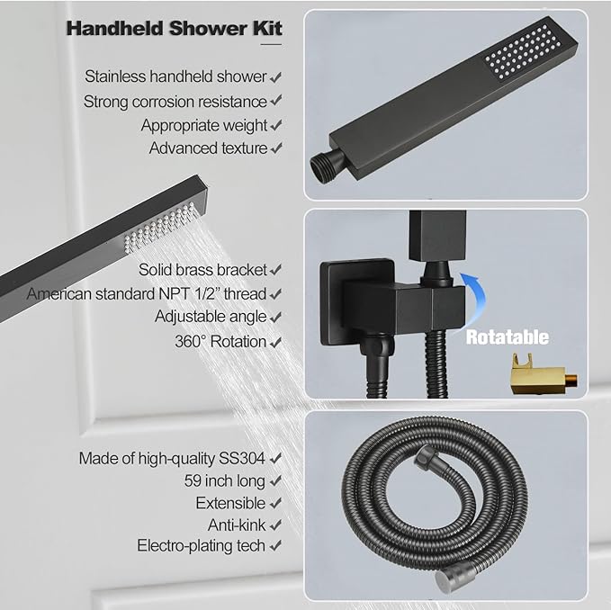 Shower Faucet Set Rain Shower System Matte Black with High Pressure 8-Inch Shower Head Handheld Square Shower Head Bathroom Luxury Rain Shower Faucet Shower Complete Combo Kit Wall Mounted