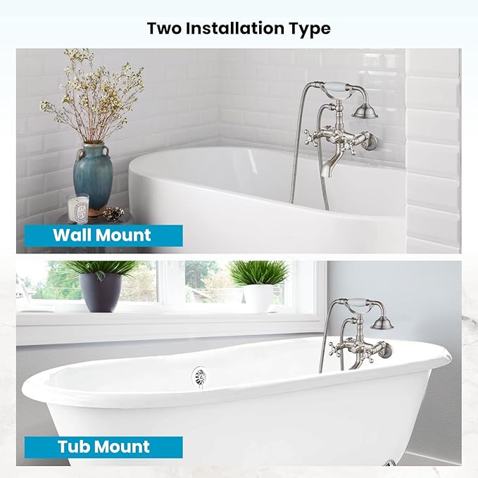 gotonovo Clawfoot Bathtub Faucet Tub Filler with Hand Held Shower Faucet Set Victorian Double Cross Handle 6 Inch Center Adjustable Swing Arms Tub Mount Short Adapter Brushed Nickel