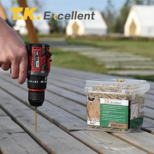 T.K.Excellent Deck Screws 2 Inch Wood Screws #8 x 2, 630 Pcs, Rust Resistant Structural Screw Fence Screw Torx Drive Screws, Two T20 Bits, Brilliant Yellow Ruspert Coating Rust Proof, 5lb Box