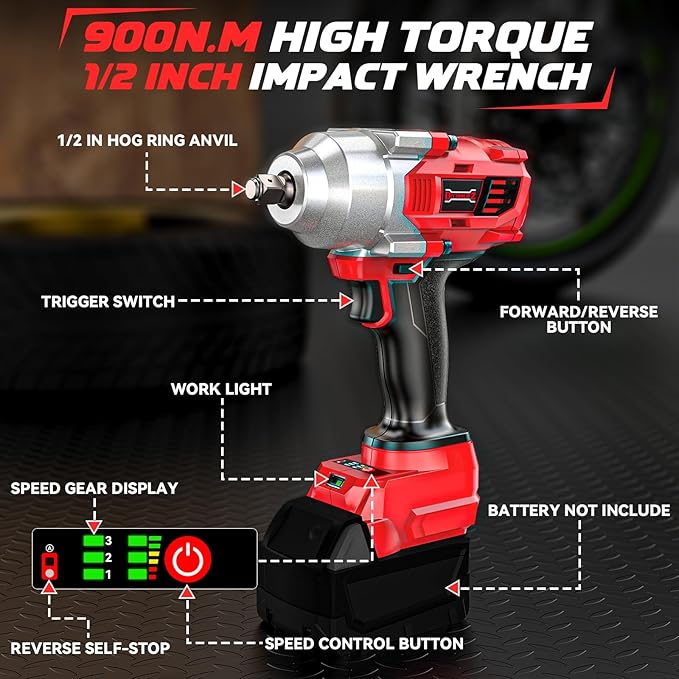 Cordless Impact Wrench 1/2 inch Compatible with Milwaukee 18v Battery, 750FT-LBS(1000N.m) Brushless Impact Driver, Portable Electric Impact Gun with LED Work Light, Variable Speeds, 4-Speed Control.