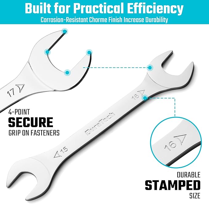 DURATECH Super-thin Open End Wrench Set, SAE(5/16" to 1-1/16") & Metric(5.5mm to 27mm), 16-Piece, Slim Spanner Wrench Set with Rolling Pouch