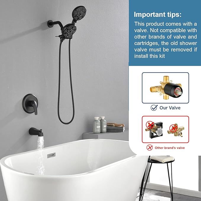 Tub and Shower Faucet Set Complete Dual Shower Head and Handheld 2 in 1 Combo Set Shower System with Tub Spout Tub and Shower Trim Kit Matte Black
