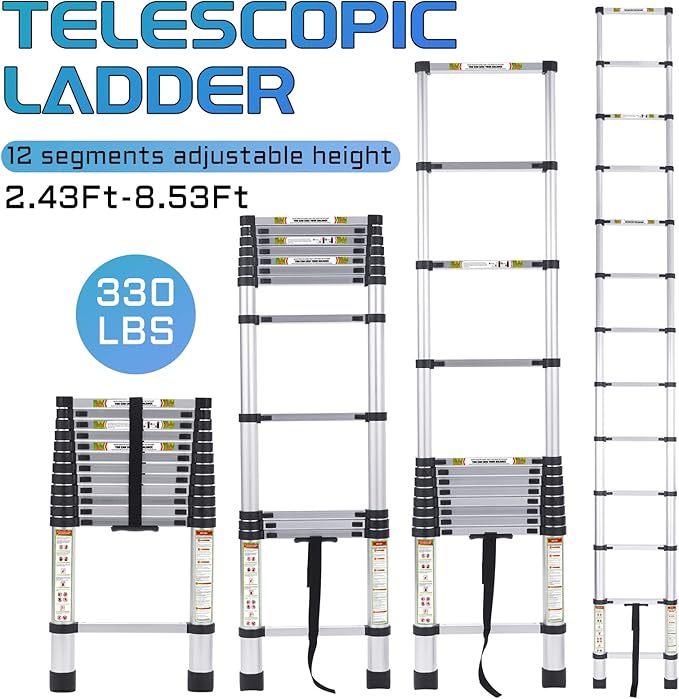 RIKADE Telescoping Ladder, Collapsible Extension Ladder, 330lbs Max Capacity (2.6m)