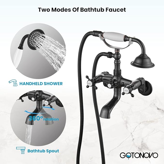 gotonovo Clawfoot Bathtub Faucet Tub Filler with Hand Held Shower Faucet Set Victorian Double Cross Handle 6 Inch Center Adjustable Swing Arms Tub Mount Short Adapter Oil Rubbed Bronze