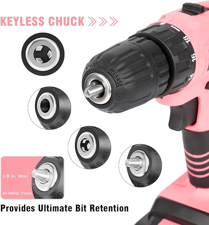 Jar-Owl 21V Pink Cordless Drill Set for Women,350 in-lb Torque, 0-1350RMP Variable Speed, 10MM 3/8'' Keyless Chuck, 18+1 Clutch, 1.5Ah Li-Ion Battery & Charger for Home DIY and Repair - Black & Pink