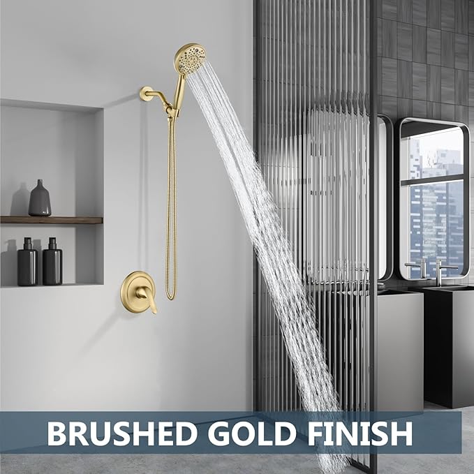 Aolemi Shower Faucet Set Rain Shower Head System Shower Trim Kit Pressure Rough-in Valve Included ABS 8 Setting Single Handheld Spray Brushed Gold